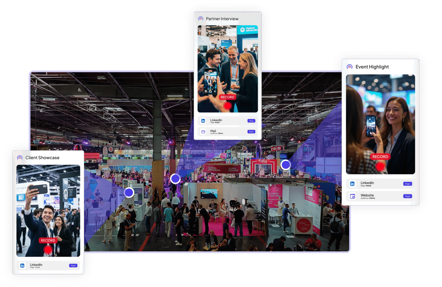 An image of an event explaining how different attendees from the same company can easily record various video content formats very easily for their marketing teams to post on social media to their community that they're in an event.
