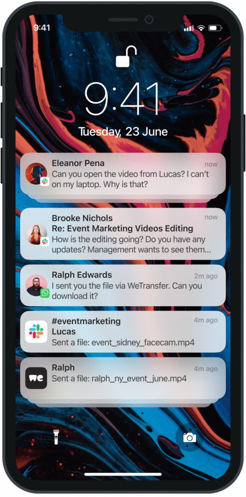 A phone with loads of notifications on the lock screen showing video submitted for editing.